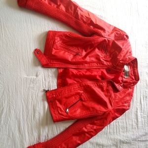 Red leather jacket.